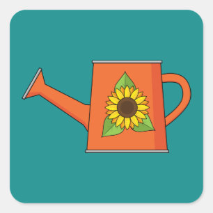 Orangene Gießkanne mit Sonnenblume Quadratischer Aufkleber