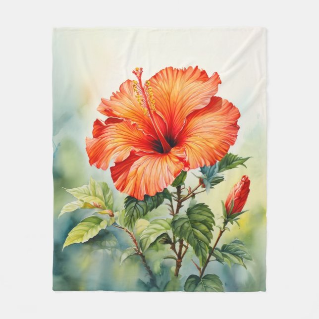 Orangene Hibiskus-Wasserfarben-Blumen-Fleece Fleecedecke (Vorderseite)