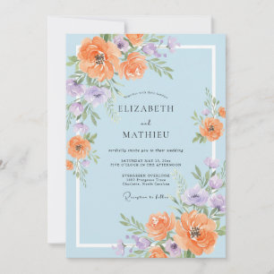 Orangene Immergrün-Ranunculus-Eukalyptus-Hochzeit Einladung