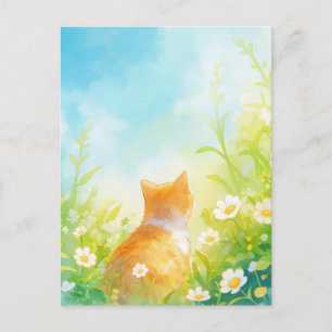 Orangene Katze auf sonniger Wiesenlandschaft mit G Postkarte