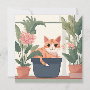 Orangene Katze in einem Blumentopf Karte