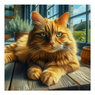 Orangene Katze liegt auf einem Tisch am Fenster Poster