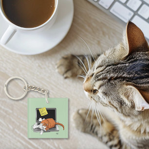 Orangene Katze Lustiger Laptop Grüne Arbeit Zuhaus Schlüsselanhänger