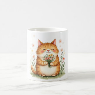 Orangene Katze mit einem Blumenstrauß Kaffeetasse