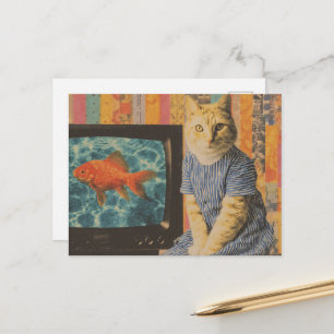 Orangene Katze mit Goldfisch auf dem TV Retro-Coll Postkarte