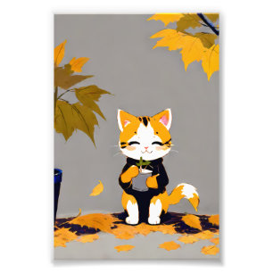 Orangene Katze mit Herbstlaub Fotodruck