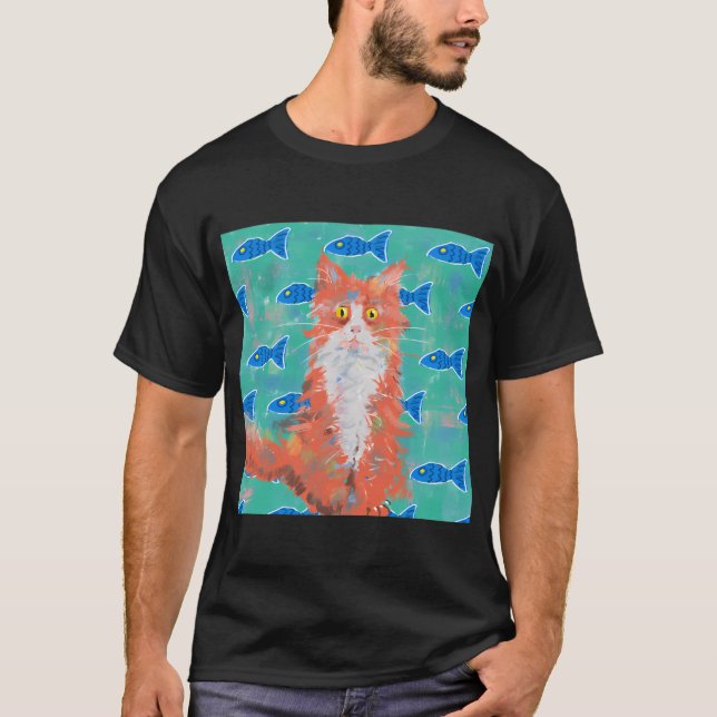 Orangene Katze und blauer Fisch T-Shirt (Vorderseite)
