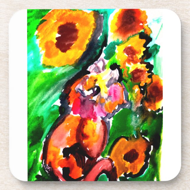 Orangene Katze und Sonnenblumen  Getränkeuntersetzer (Vorderseite)