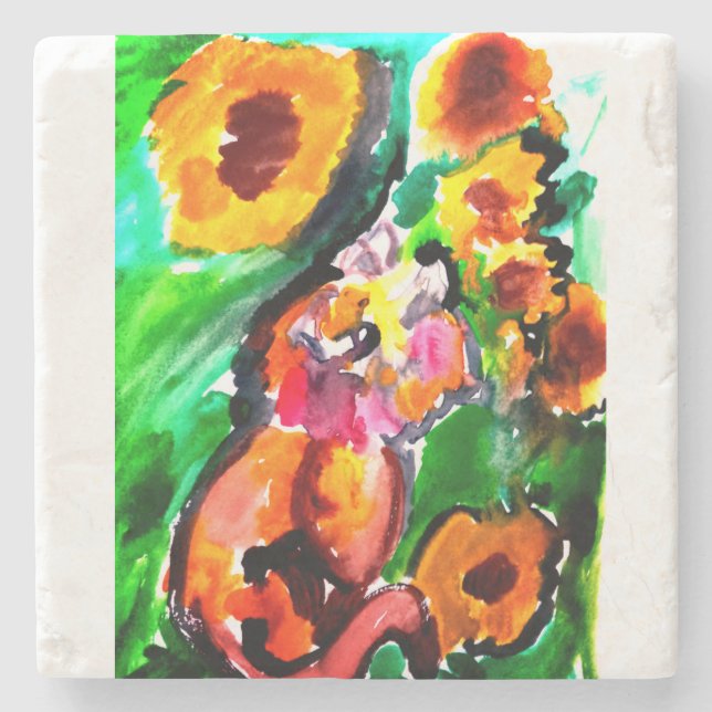 Orangene Katze und Sonnenblumen  Steinuntersetzer (Vorderseite)