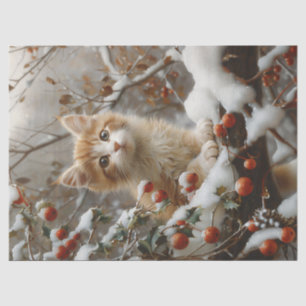 Orangene Katze Winterbeeren Vintage-Decoupage Seidenpapier