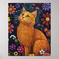 Orangene Katze zwischen farbenfrohen Blüten