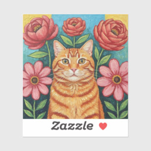 Orangene Katzen-Volkskunst-Blumen Aufkleber