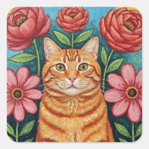 Orangene Katzen-Volkskunst-Blumen Quadratischer Aufkleber