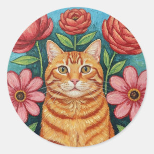 Orangene Katzen-Volkskunst-Blumen Runder Aufkleber
