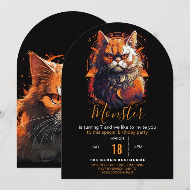 Orangene Katzenmonster Einladung (Vorne/Hinten)