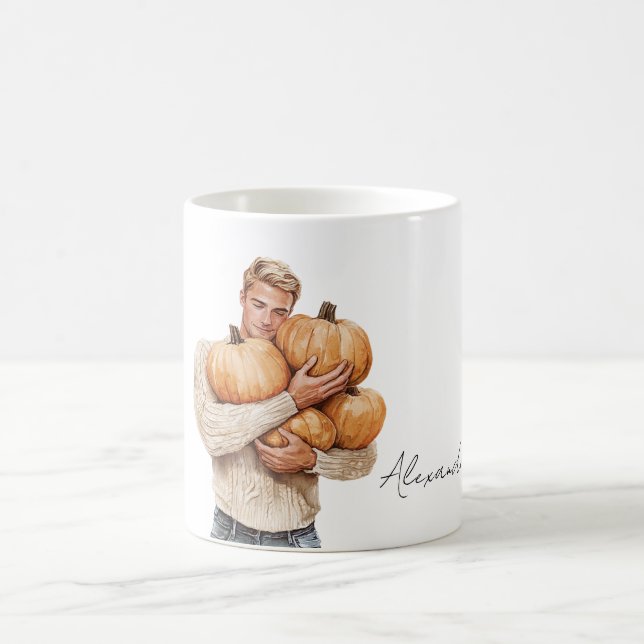 Orangene Kürbisse Blonder Mann Kaffeetasse (Mittel)