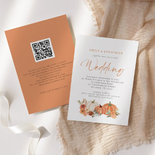 Orangene Kürbisse Herbstliche Blumen QR Code Hochz Einladung