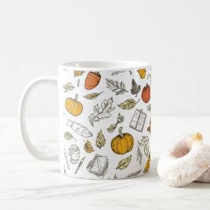 Orangene Kürbisse und Blätter im gravierten Stil.  Kaffeetasse