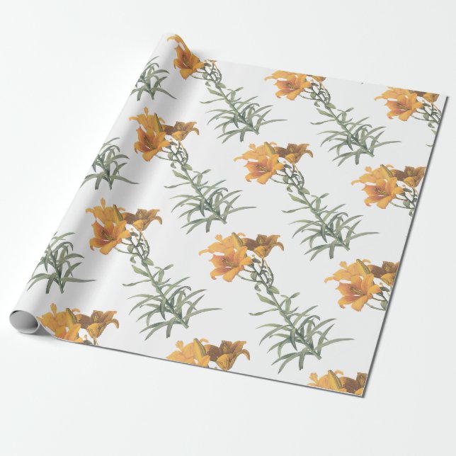 Orangene Lilienblumenmuster Geschenkpapier (Ungerollt)