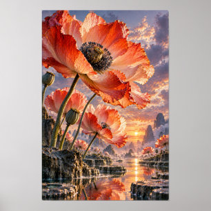 Orangene Mohnblüten im Sonnenuntergang - Reflektie Poster