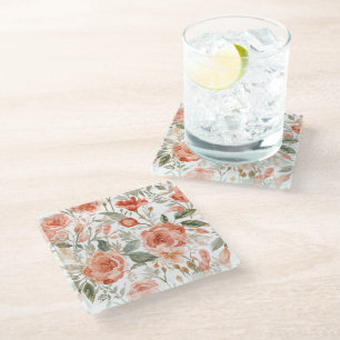 Orangene Rosen Wasserfarbe Botanisch Korallen Blum Glasuntersetzer
