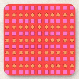 Orangene Sterne und rosa Quadrate auf Rot Getränkeuntersetzer