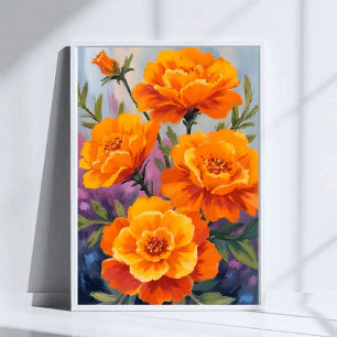 Orangene Studentenblumen   Oktober Blumen Aquarell Poster
