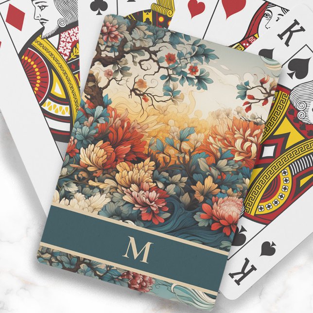 Orangene Teal Blumen Blätter Monogramm Initiale Spielkarten (Elegant orange and teal flowers and leaves monogram playing cards)