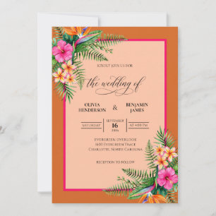 Orangene tropische Hibiskus-Eukalyptus-Hochzeit Einladung