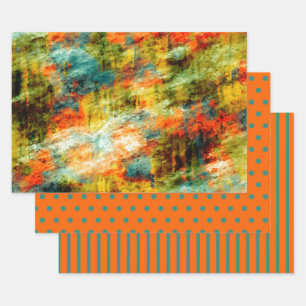 Orangene Türkis-Wasserfarb-Polka-Punkte-Streifen Geschenkpapier Set