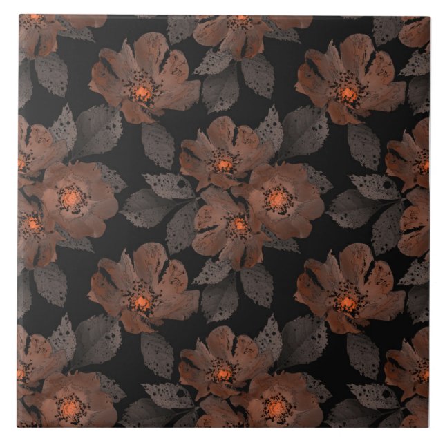 Orangene und braune Blumen auf schwarzem Hintergru Fliese (Vorderseite)