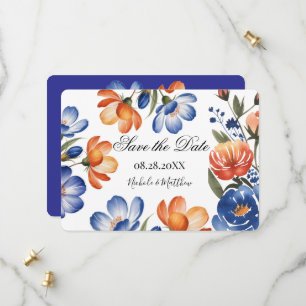 Orangene und kobaltblaue Blumenhochzeit Save The Date