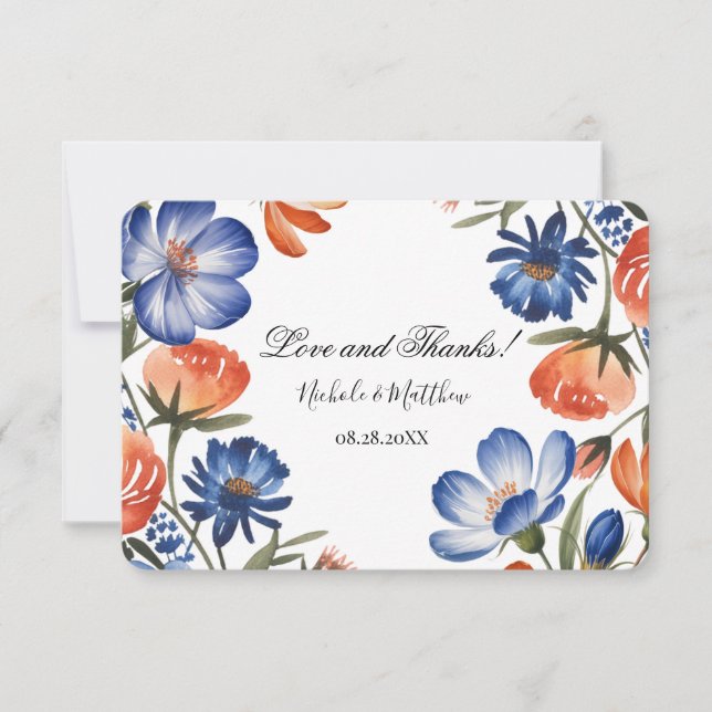 Orangene und kobaltblaue florale Hochzeit Dankeskarte (Vorderseite)