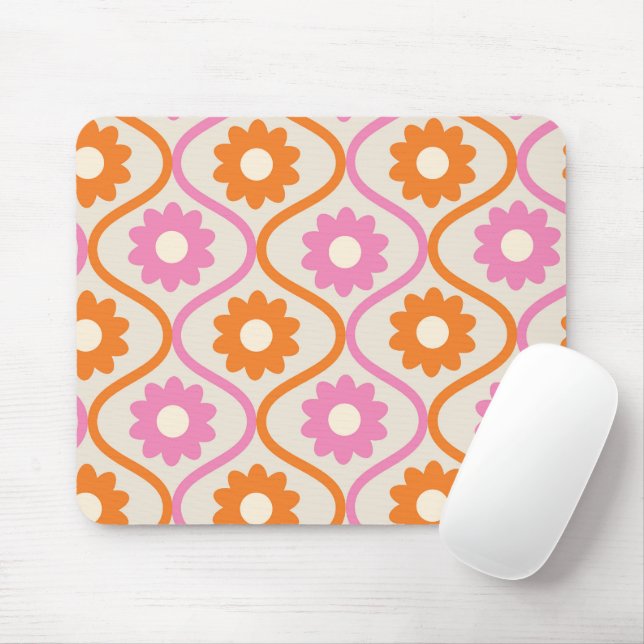 Orangene und rosa Blumen auf Retro-Ogee-Muster  Mousepad (Mit Mouse)