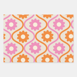 Orangene und rosa Blumen auf vintage Ogee Geschenkpapier Set