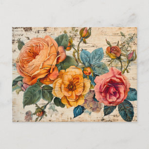 Orangene und rosa Rosen auf rustikalem Holz Postkarte