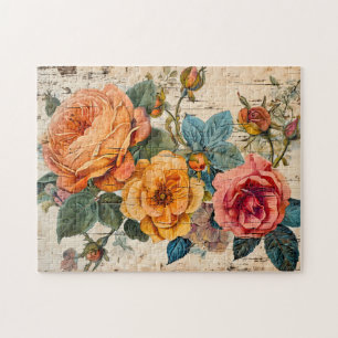 Orangene und rosa Rosen auf rustikalem Holz Puzzle