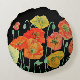 Orangene und schwarze Mohn-Dekokissen Rundes Kissen