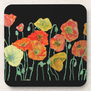 Orangene und schwarze Mohnblumen-Blumen-Kunststoff Getränkeuntersetzer