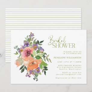 Orangene und violette florale Wasserfarben-Hochzei Einladung