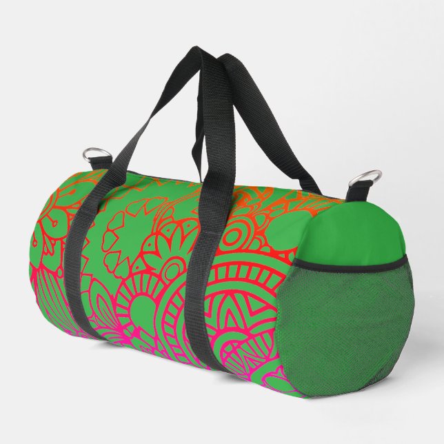 Orangene violette Blumen und hellgrüner Hintergrun Duffle Bag (Rechte Ecke)