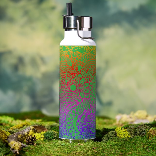 Orangene violette Blumen und hellgrüner Hintergrun Trinkflasche (Außenbereich)