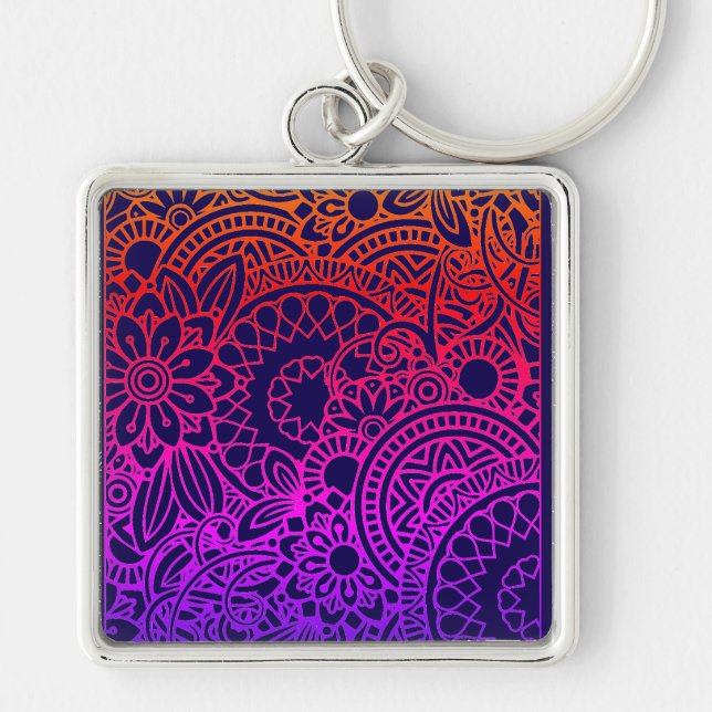 Orangene violette Blumen und marineblauer Hintergr Schlüsselanhänger (Vorne)
