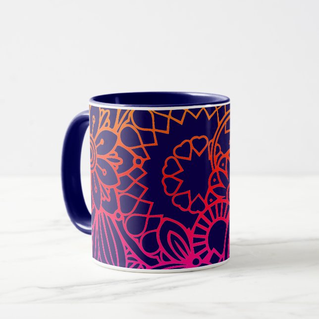 Orangene violette Blumen und marineblauer Hintergr Tasse (Vorderseite Links)