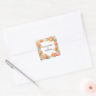 Orangene Wasserfarbe Tulpen-Rand Hochzeitspaar Quadratischer Aufkleber