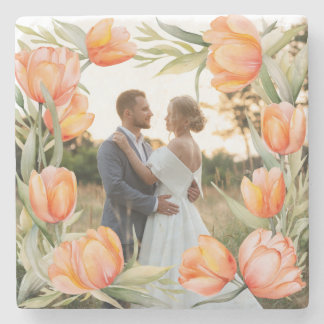 Orangene Wasserfarben-Tulpen-Rand Paar-Hochzeit Steinuntersetzer