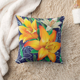 Orangene weiße Lilien Floral Navy Blau Wurf Kissen