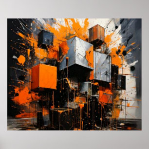 Orangene Würfelexplosion Geometrisch Abstrakt Poster