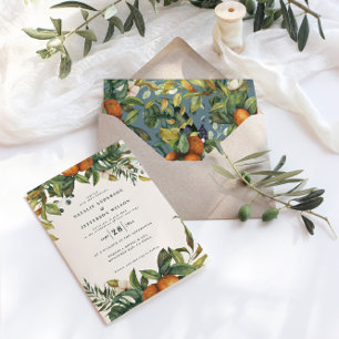 Orangene Zitrus-Aquarell-Botanik moderne Hochzeit