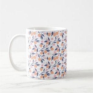 Orangene Zitrus- und blaue Blätter Muster Tasse